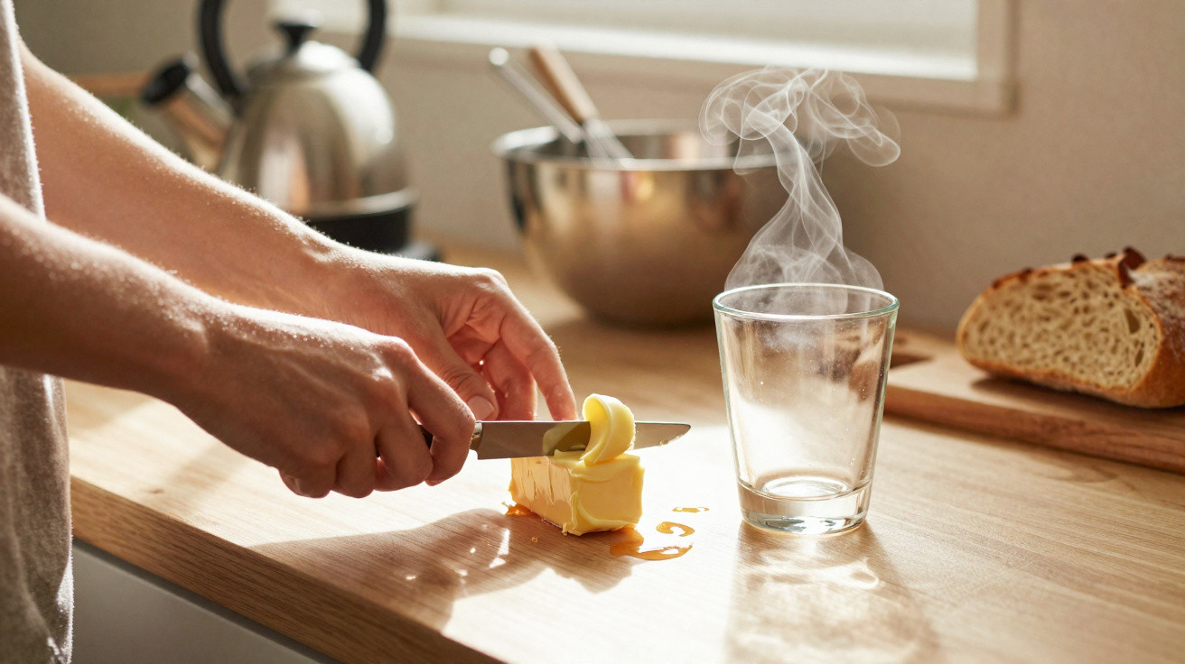 Pessoa cortando manteiga com uma faca em bancada de cozinha com pão e copo fumegante ao lado.