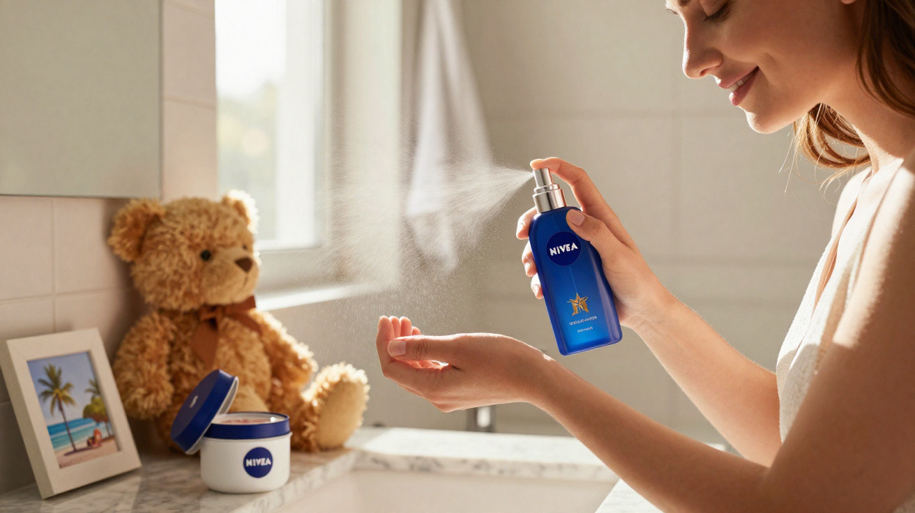 Mulher aplicando spray Nivea em spray na mão em banheiro com ursinho de pelúcia ao fundo.