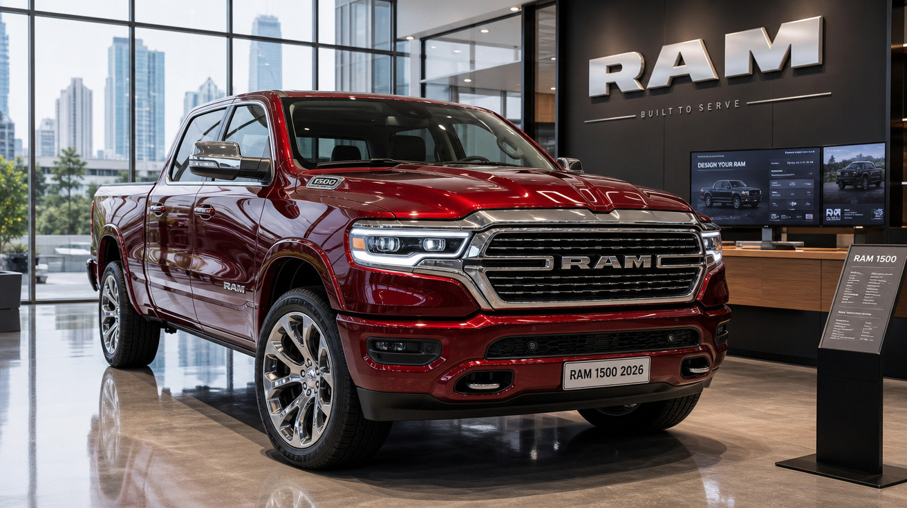 Picape RAM 1500 vermelha 2026 em showroom moderno com piso brilhante e vista urbana ao fundo.