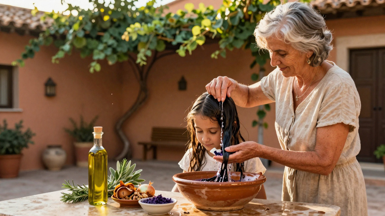 Mulher idosa lavando cabelo de menina com plantas e óleo em mesa ao ar livre em ambiente rústico.