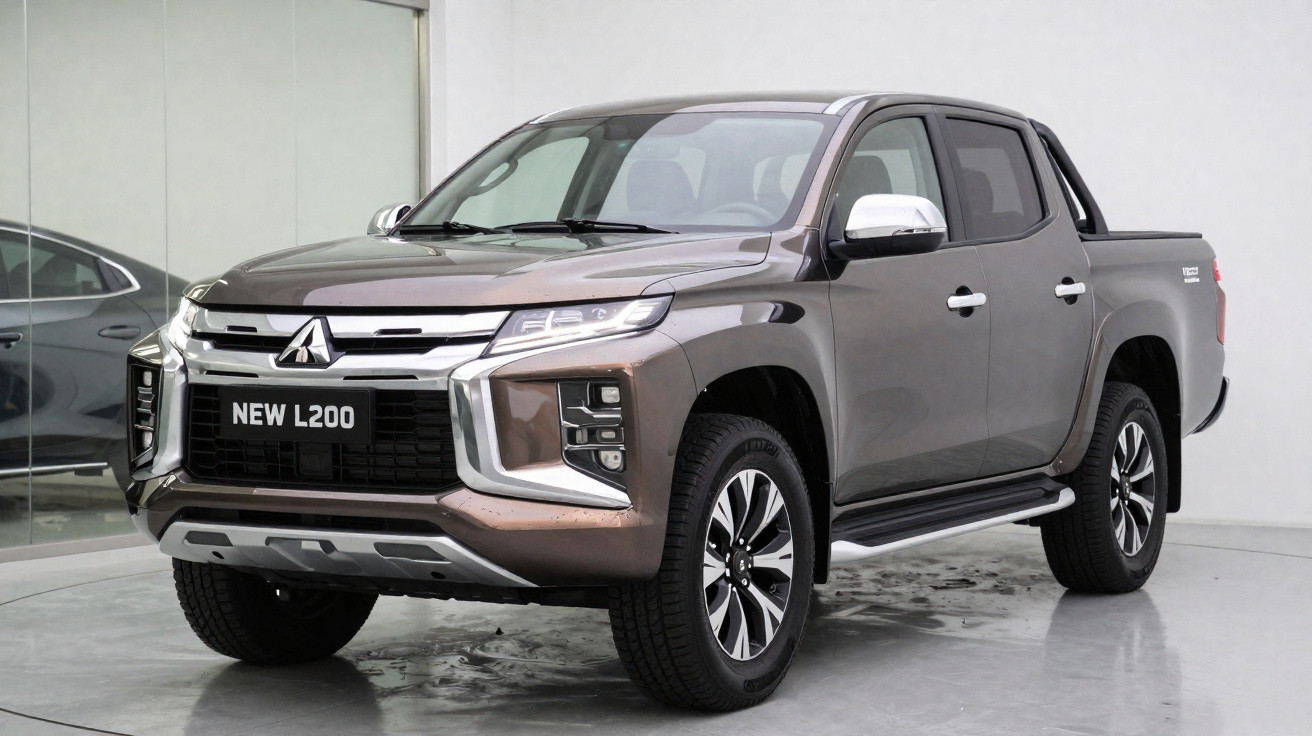 Picape Mitsubishi New L200 cinza estacionada em ambiente interno com piso cinza brilhante.