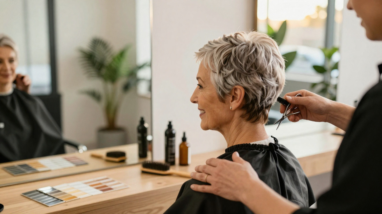Mulher sorridente com cabelo curto sendo atendida em salão de cabeleireiro com profissional cortando cabelo.