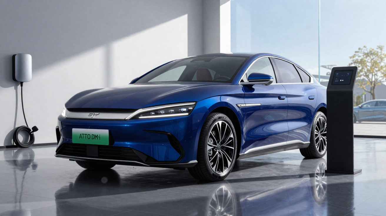Carro elétrico azul estacionado em ambiente moderno, com estação de carregamento ao lado.