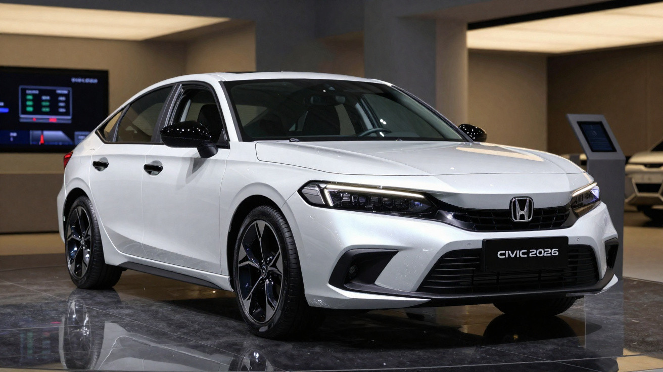 Carro Honda Civic 2026 branco em exposição com design moderno e faróis LED acesos.