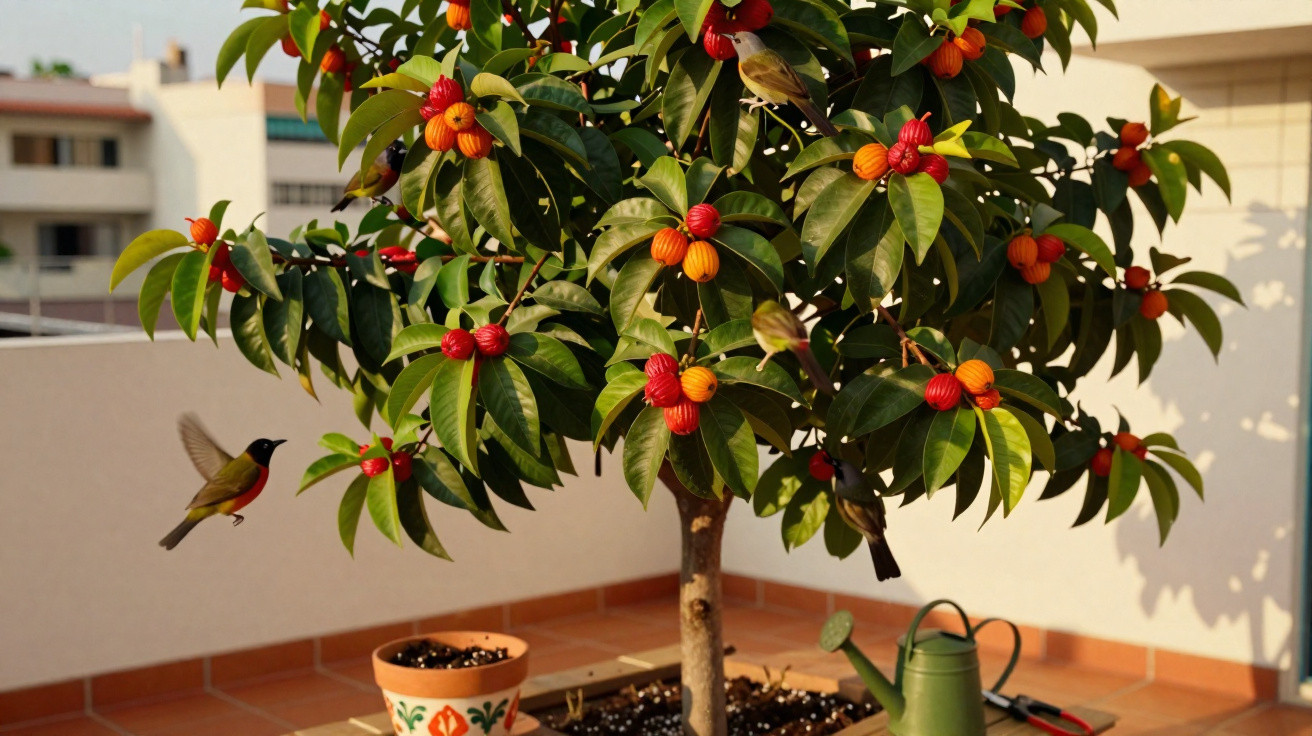 Árvore com frutos vermelhos e laranja em vaso, pássaros voando e regador em varanda ensolarada.