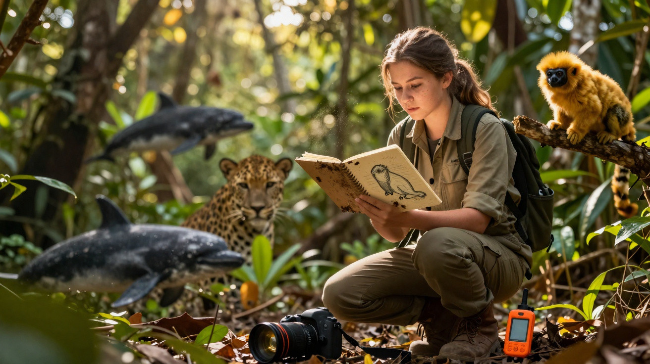 Jovem em roupa de exploradora lendo livro na floresta cercada por animais, câmera e rádio ao chão.