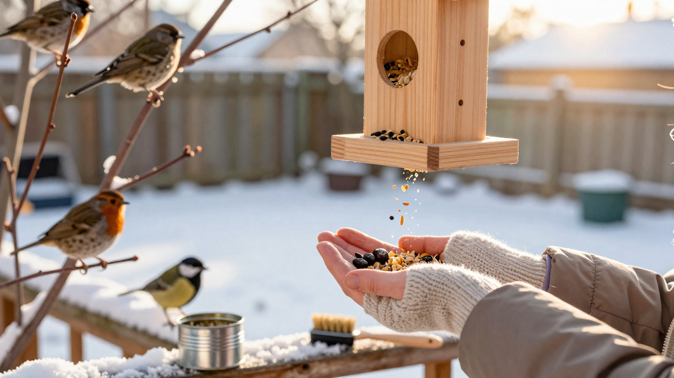 Mãos com luvas seguram sementes caindo de comedouro para passarinho, aves empoleiradas em galhos com neve.