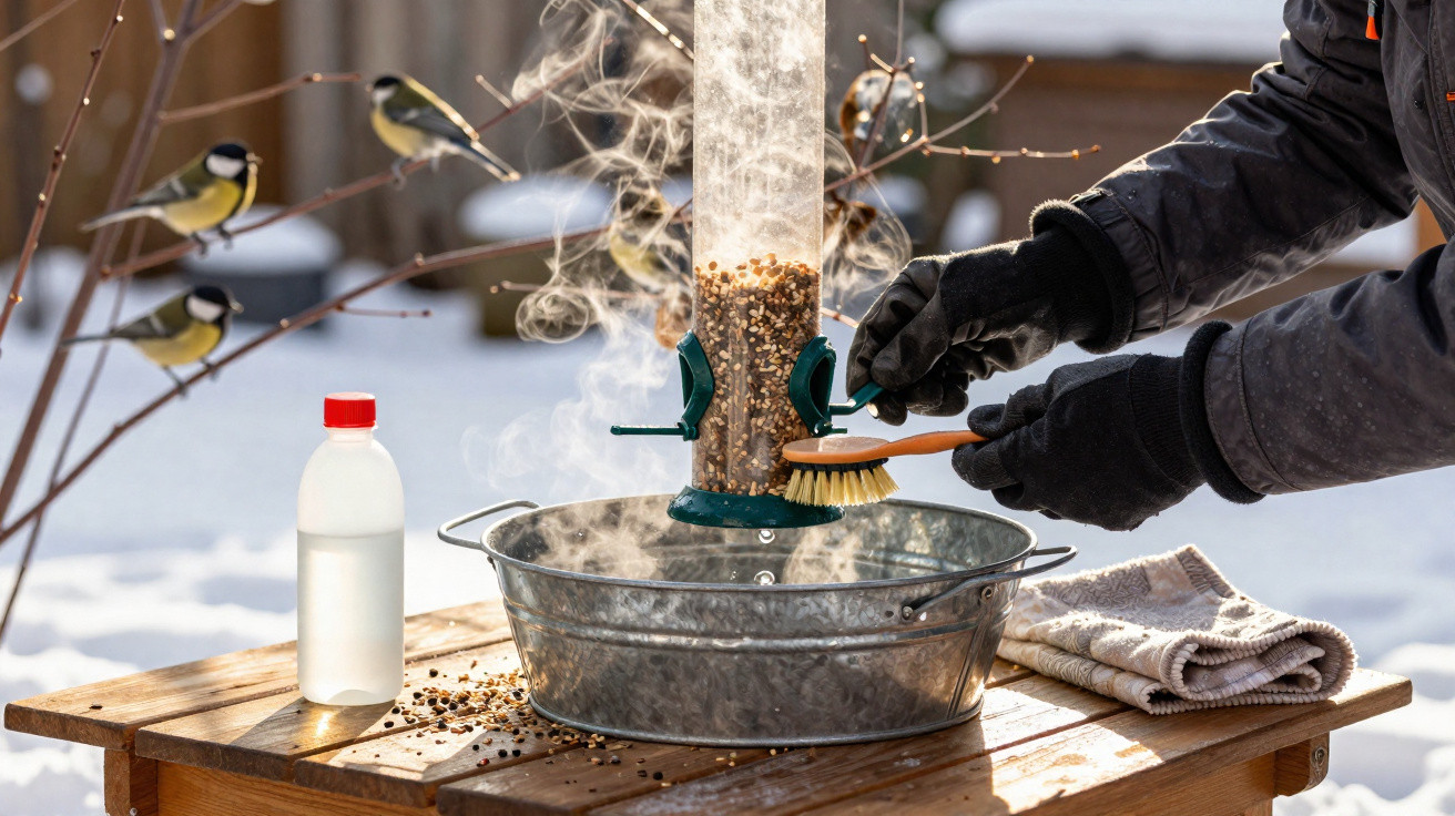 Pessoa com luvas limpando com escova alimentador de pássaros com neve ao fundo e pássaros pousados em galhos.