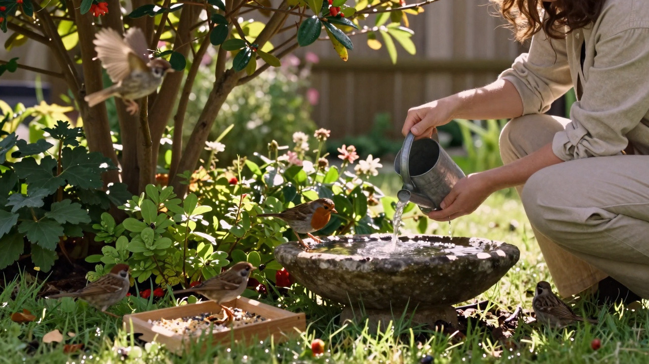 Pessoa derramando água em bebedouro para pássaros em jardim com plantas e pequenos pássaros ao redor.