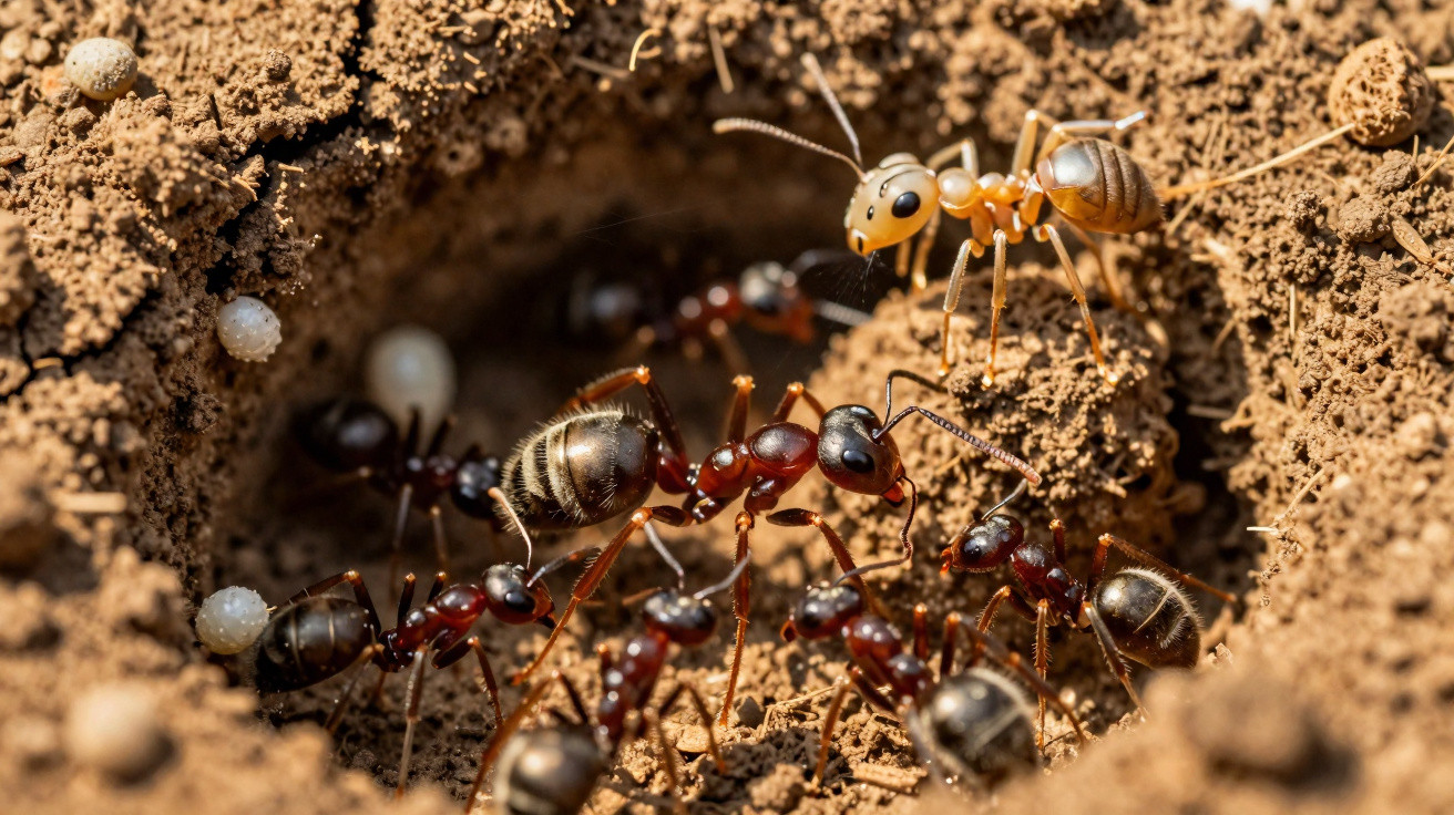 Formigueiro na terra com várias formigas carregando ovos e uma formiga maior de cor amarela.