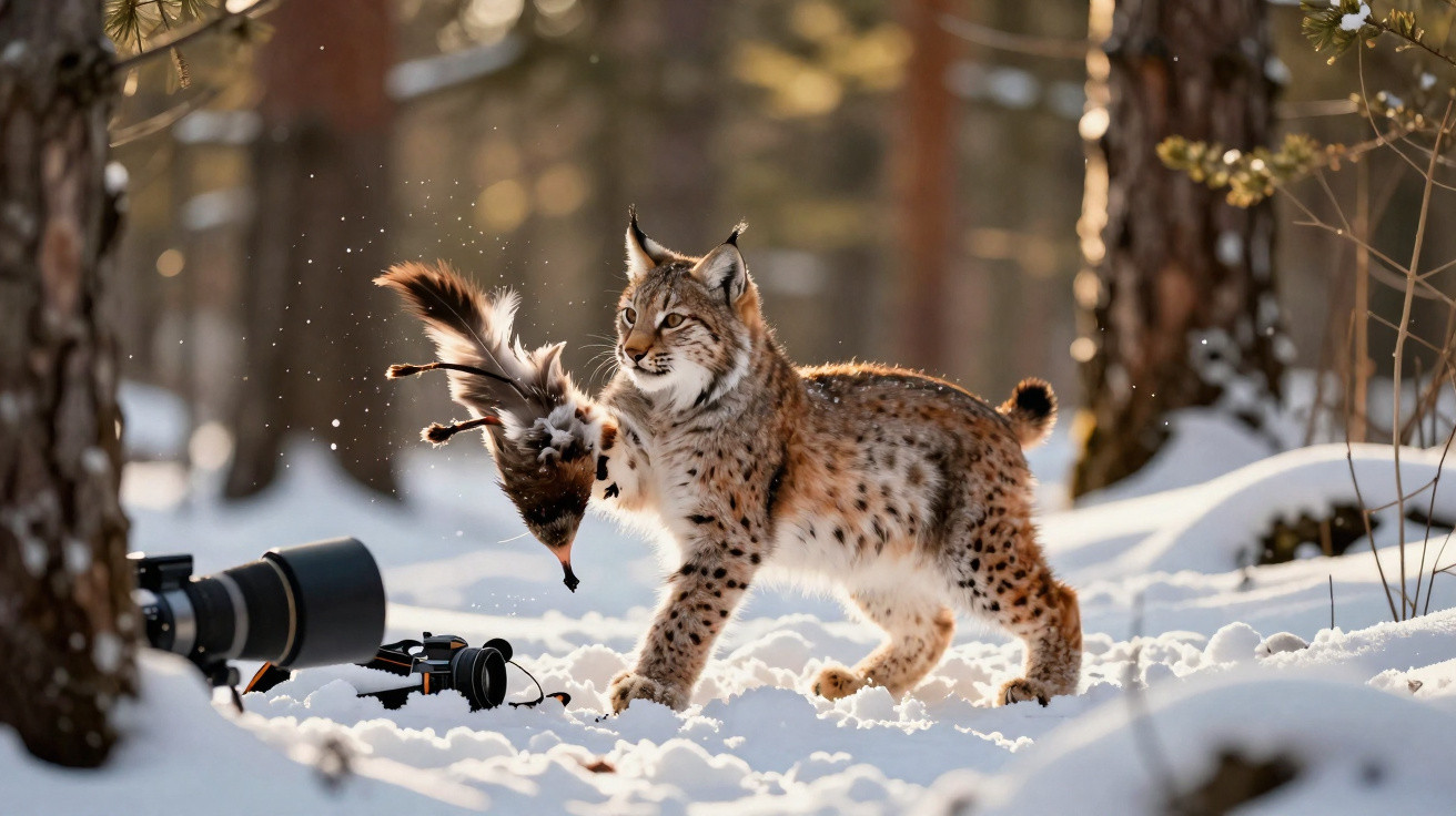 Lince na neve segurando um pássaro morto perto de uma lente fotográfica em uma floresta.