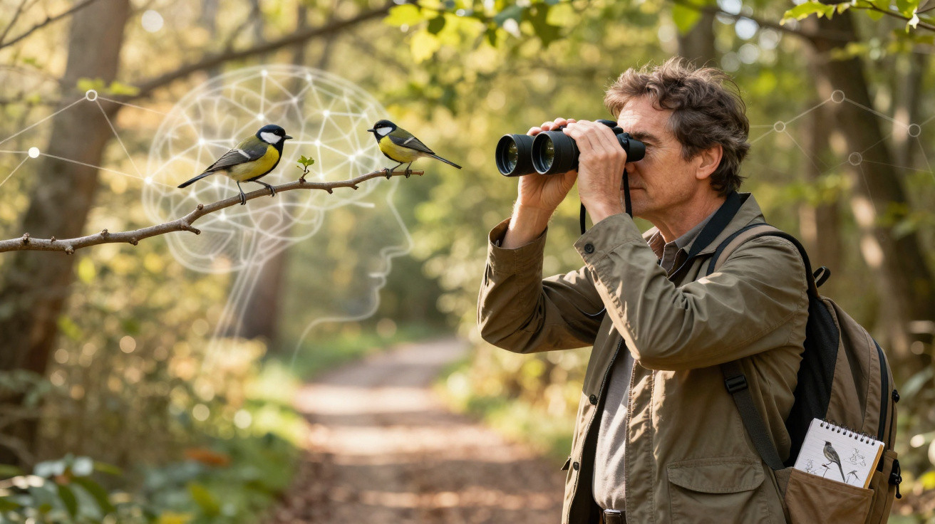 Homem observa pássaros com binóculos em trilha na floresta com ilustração de cérebro ao fundo.