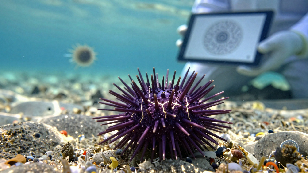 Ouriço-do-mar roxo no fundo do mar próximo a um mergulhador segurando uma prancha com mandala.