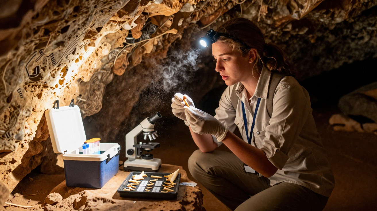 Pesquisadora analisa ossos pré-históricos em caverna com luz de cabeça e microscópio portátil.