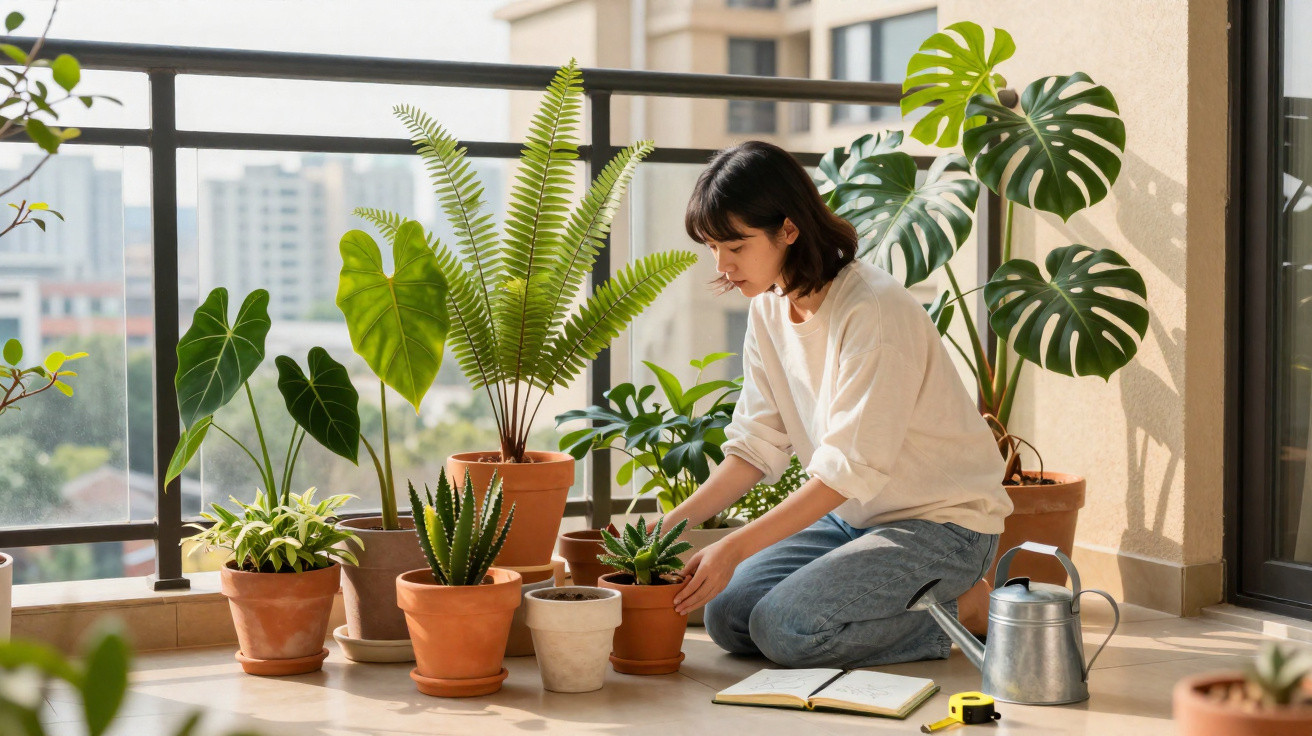 Mulher cuidando de plantas em vasos no chão de varanda iluminada pelo sol.