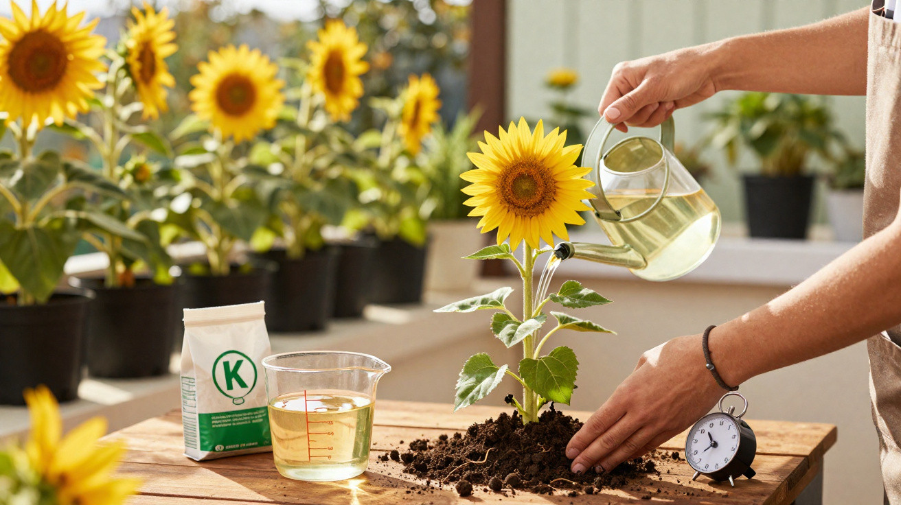 Pessoa regando um girassol plantado em terra sobre mesa com outros girassóis ao fundo.