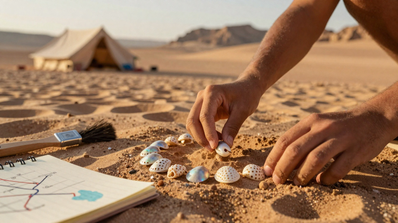 Mãos organizando conchas na areia do deserto, com caderno, pincel e tenda ao fundo.