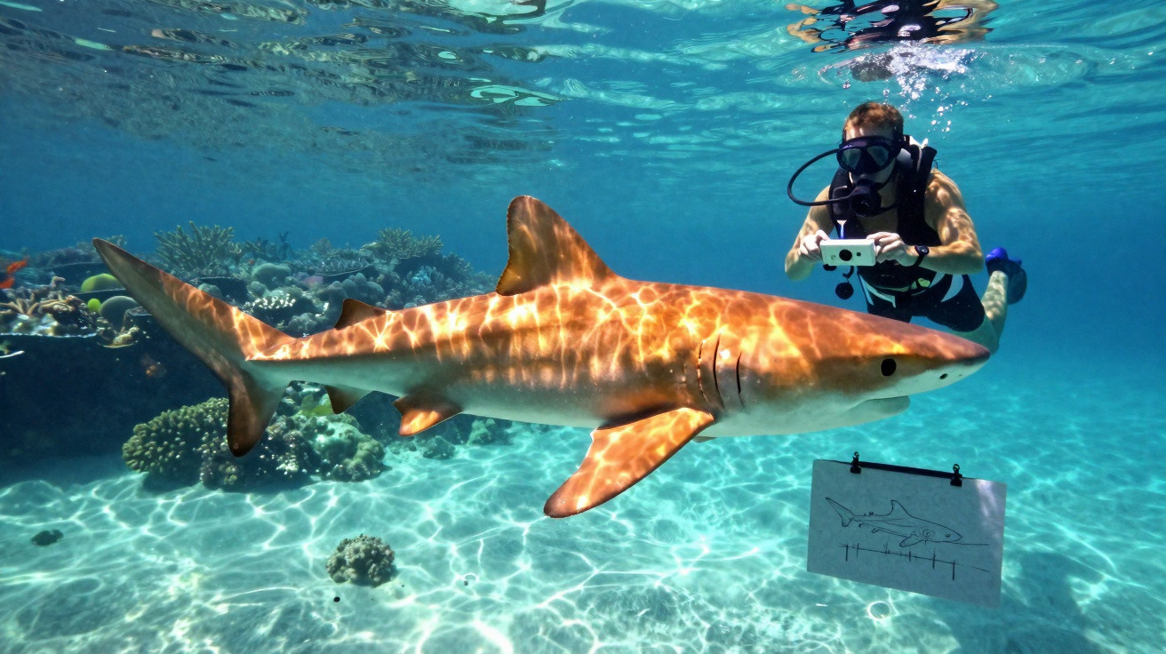 Mergulhador fotografando tubarão coral-laranja em águas claras próximo a recife de coral.