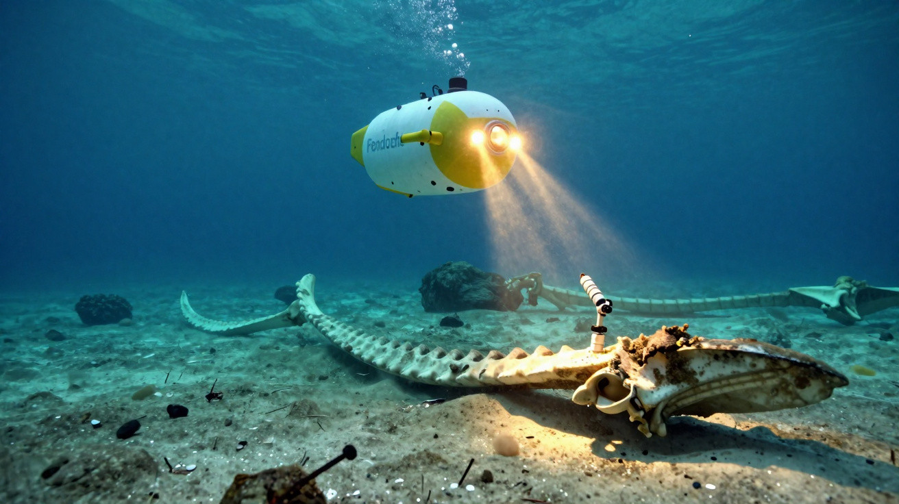 Veículo subaquático iluminando esqueleto gigante no fundo do mar com água azul ao redor.