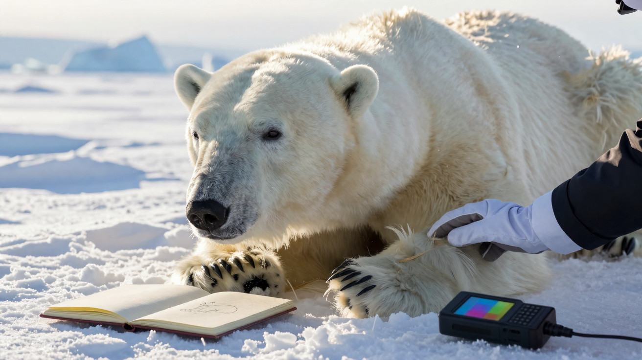 Urso polar deitado na neve com um caderno aberto e uma mão com luva branca acariciando sua pata.