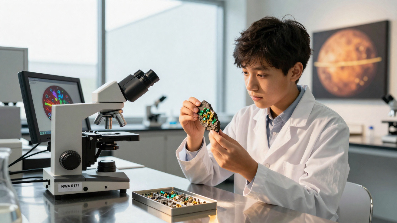 Jovem cientista em jaleco examinando amostras minerais em laboratório com microscópio e computador.