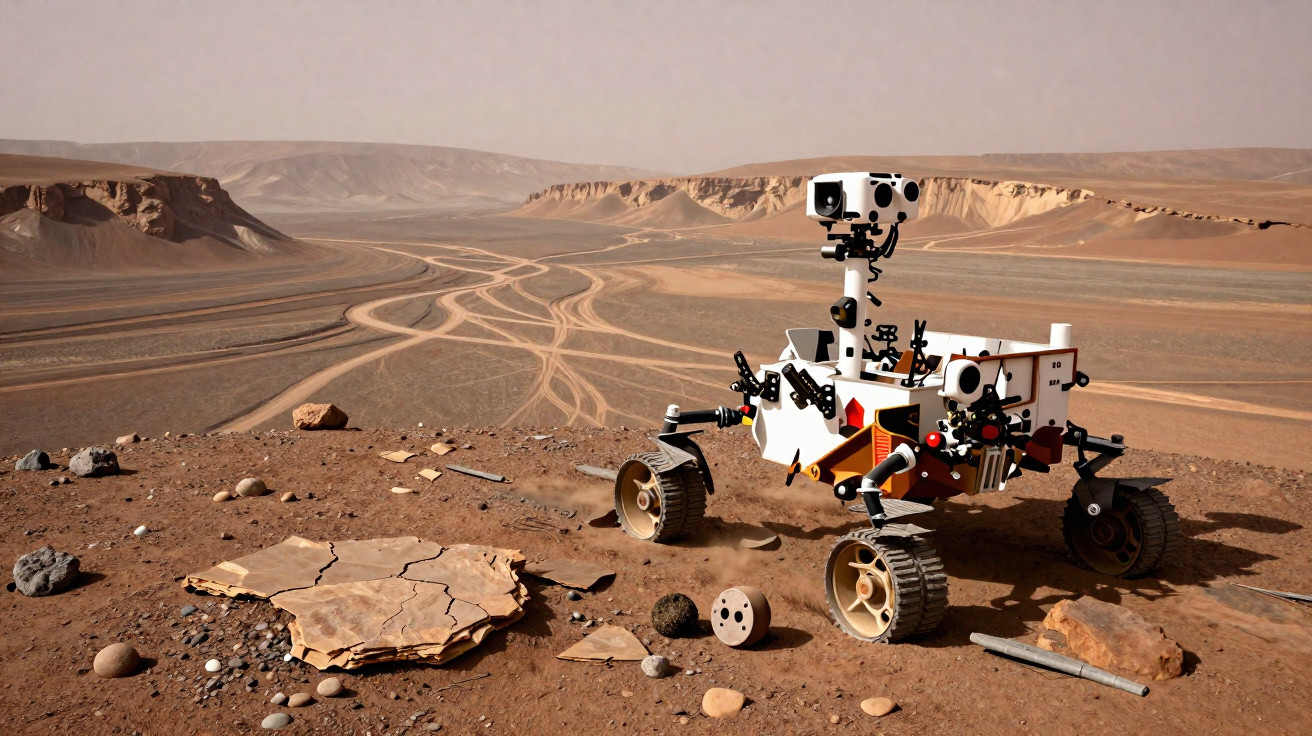 Rover explorando o terreno árido e rochoso de Marte com montanhas ao fundo.