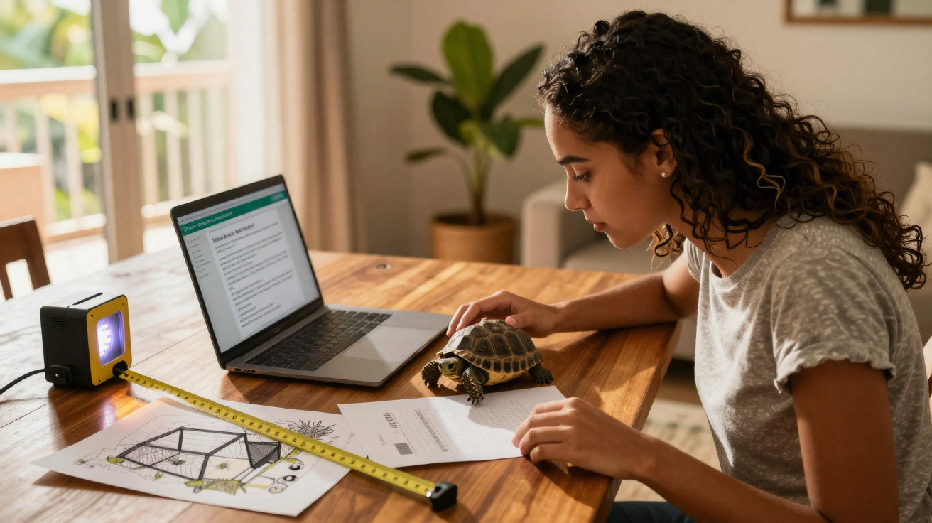 Jovem estudando com laptop, desenho técnico, trena e tartaruga sobre mesa de madeira.