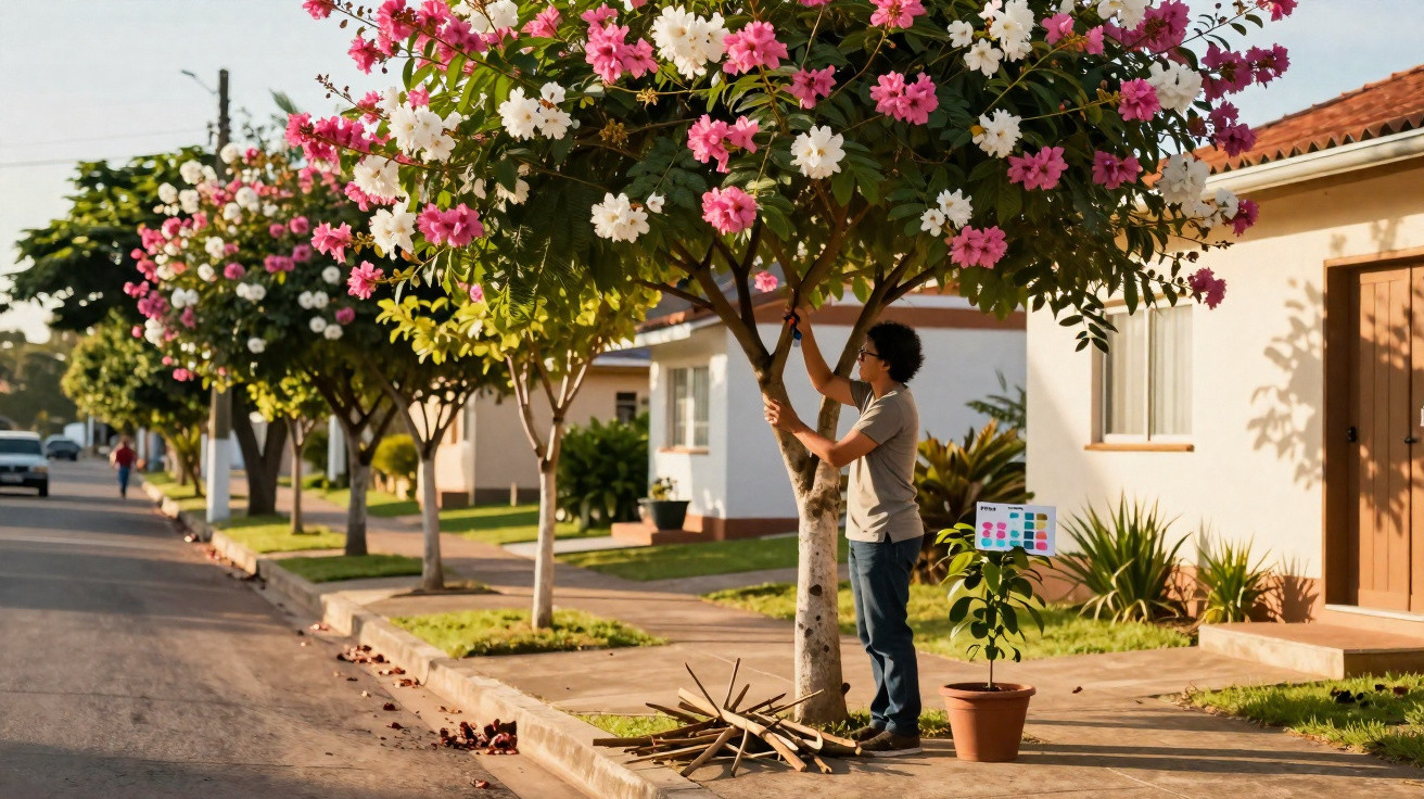 Homem cuidando de árvore florida rosa e branca em calçada de bairro residencial ao entardecer.