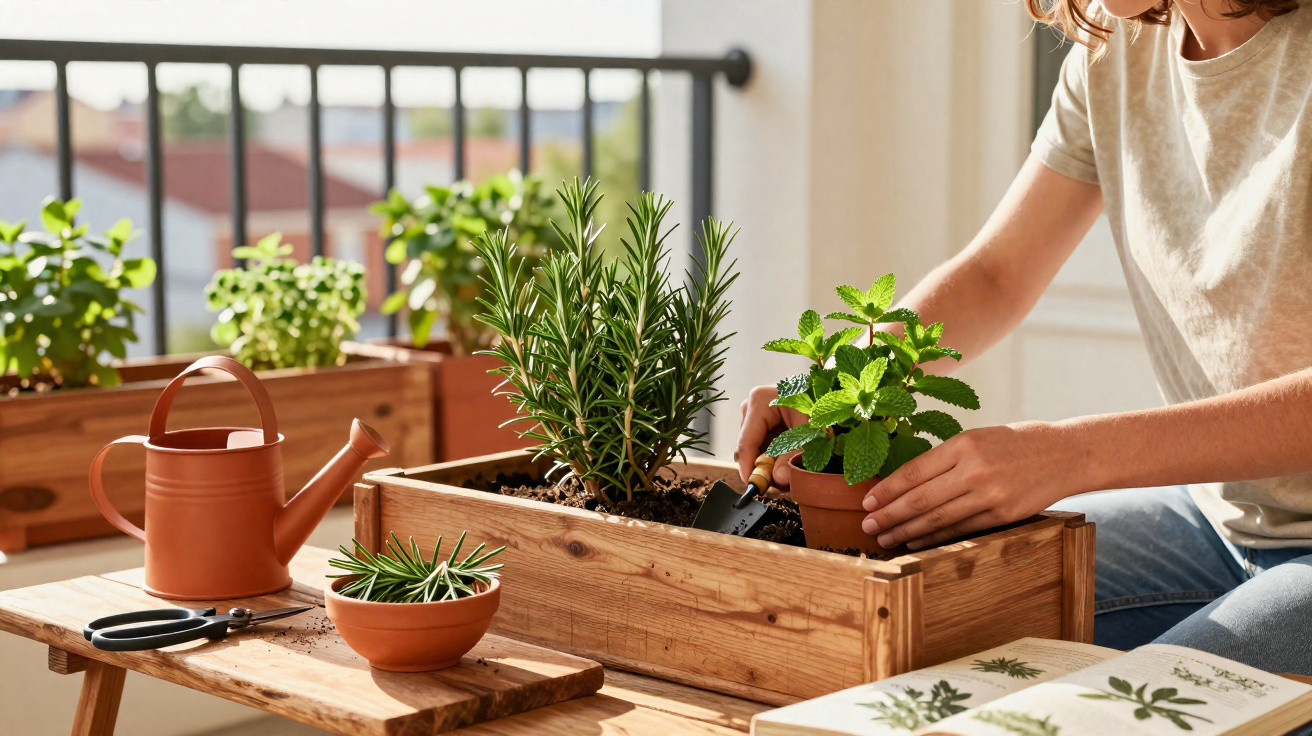 Pessoa cuidando de plantas em vasos de madeira em varanda com regador e tesoura ao lado.