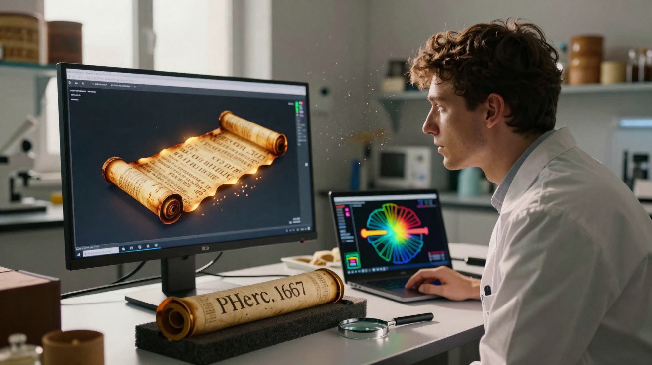 Homem estudando documento antigo digitalizado em computador em laboratório moderno.