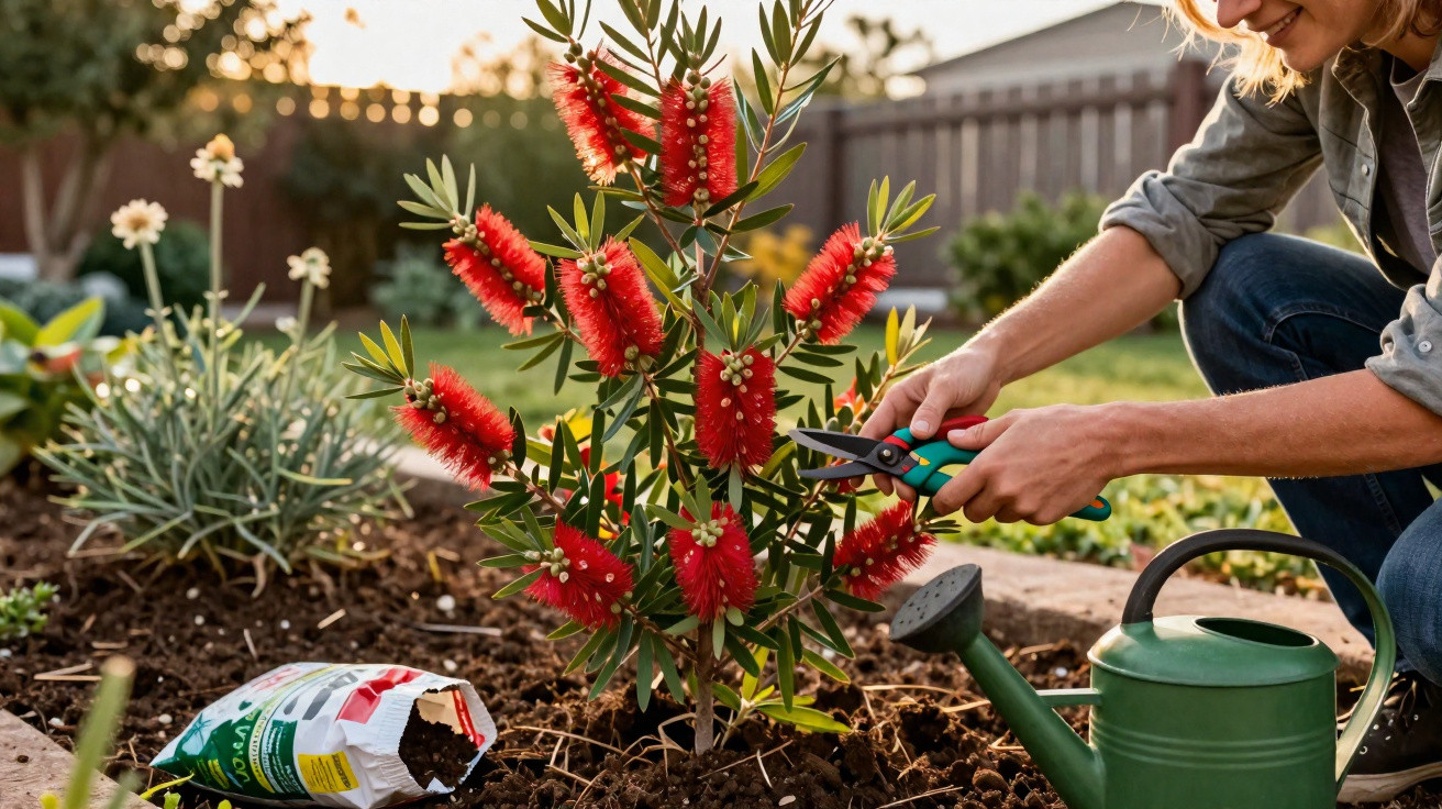 Pessoa cuidando de planta com flores vermelhas usando tesoura de poda em jardim ensolarado.