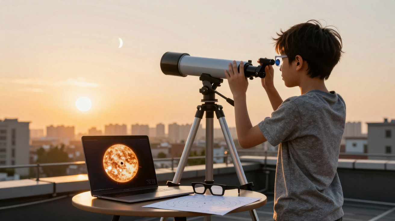 Menino observando o céu com telescópio ao pôr do sol em um terraço urbano.