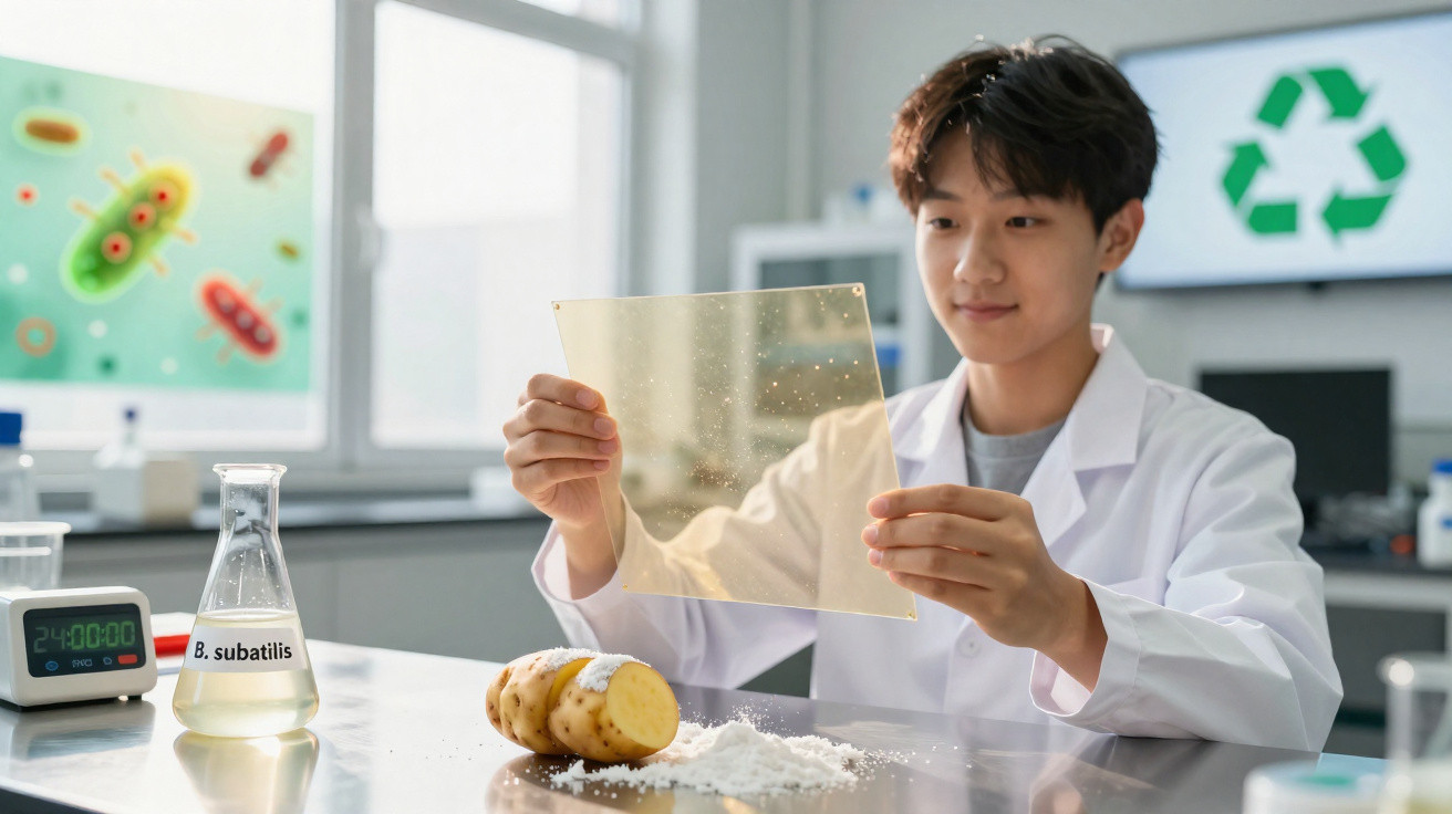 Cientista em laboratório segurando filme biodegradável transparente, com batata, pó branco e frasco rotulado B. subtilis.