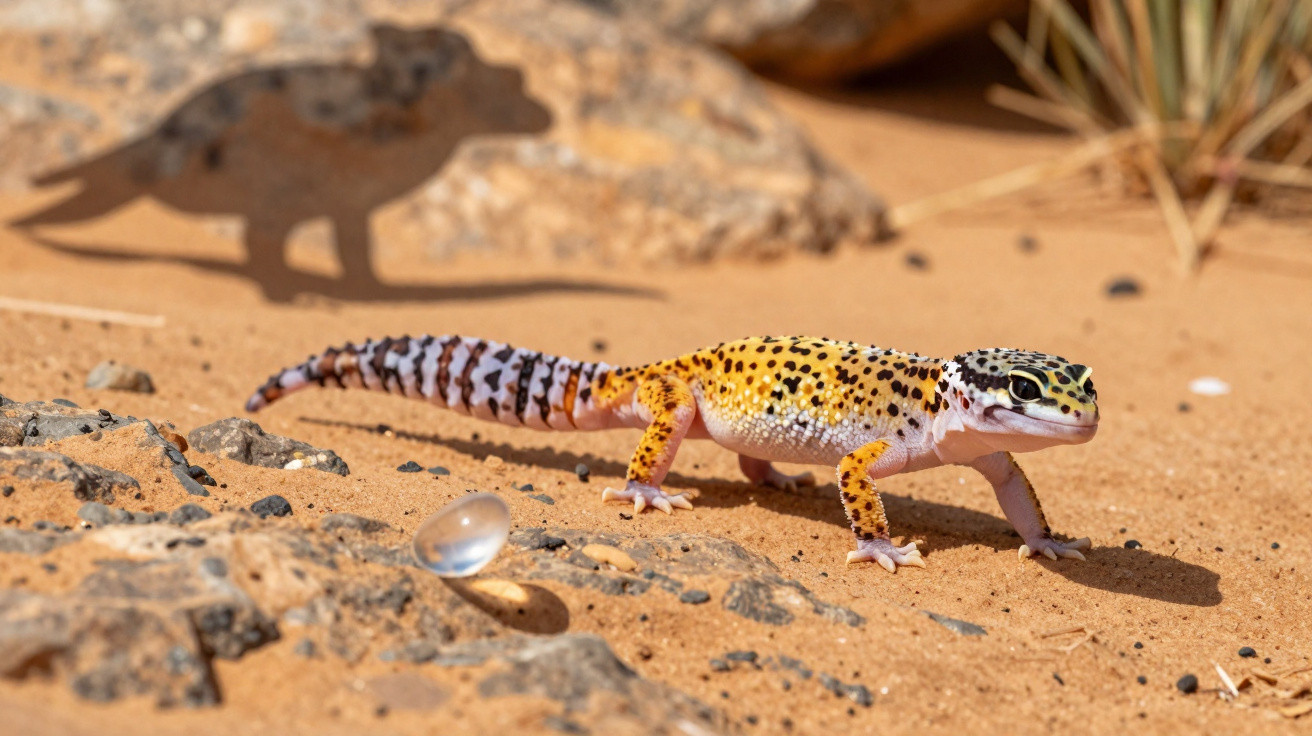 Lagarto gecko colorido caminhando em solo arenoso com pedras e sombra ao fundo.