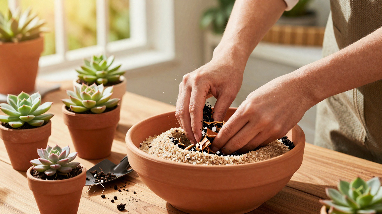 Mãos plantando suculentas em vaso grande com terra e substrato, rodeado por vasos pequenos com suculentas.