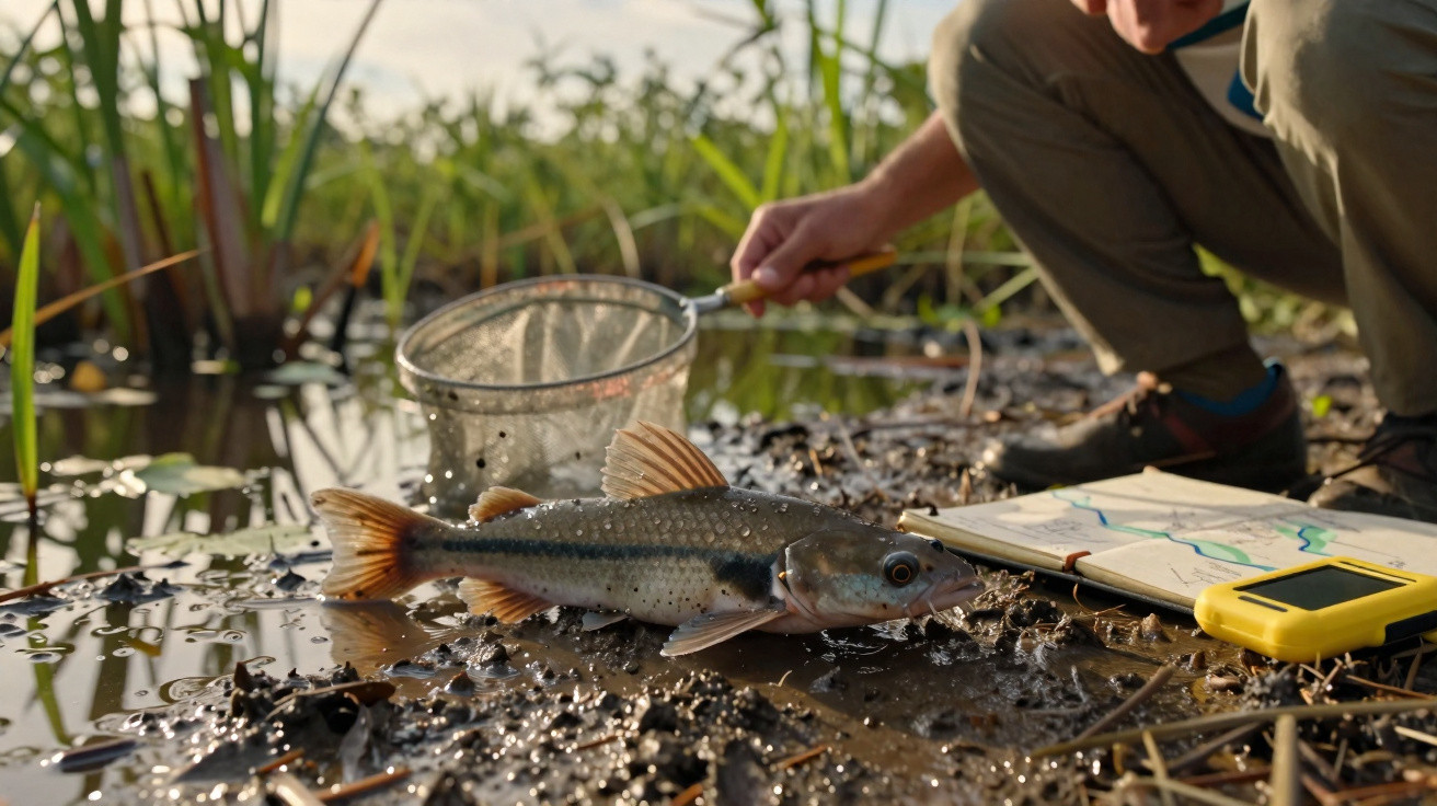 Peixe recém-pescado sobre solo molhado próximo a rede, caderno com mapa e equipamento amarelo à beira de lagoa.