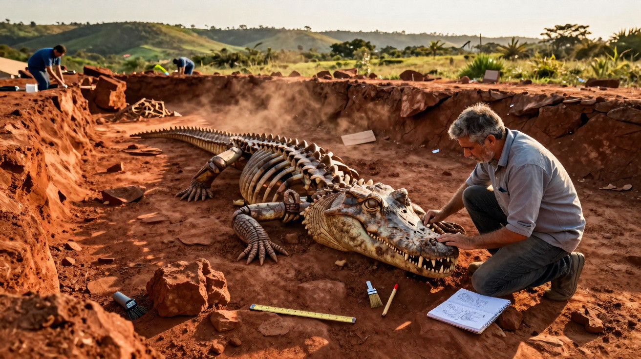 Escavação arqueológica de fóssil de crocodilo gigante com pesquisadores e ferramentas no solo vermelho.