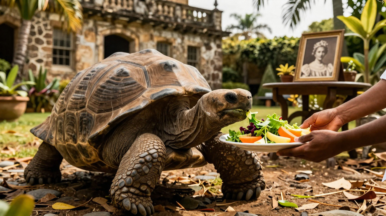 Tartaruga gigante sendo alimentada com prato de salada em jardim com casa antiga ao fundo.
