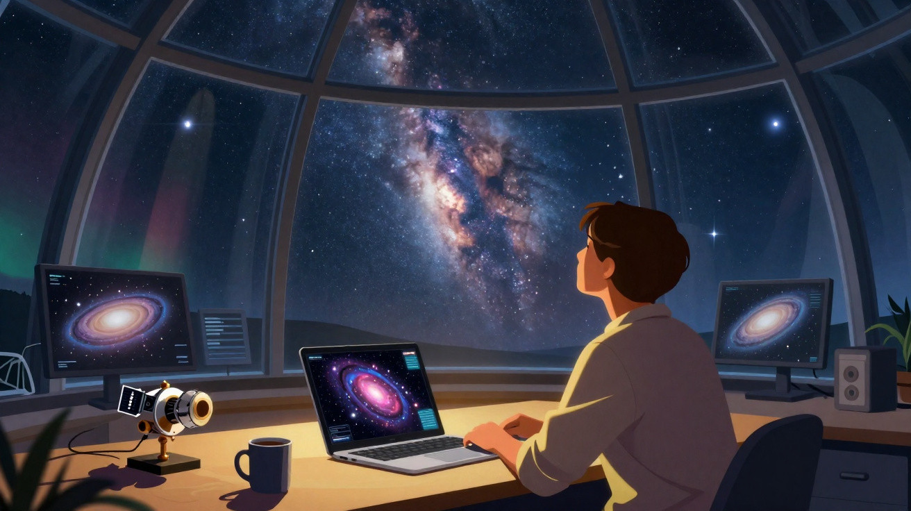 Pessoa observando galáxia na Via Láctea através de cúpula de observatório com telescópio e computadores.