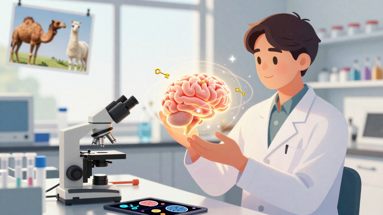 Cientista em laboratório segurando cérebro digital com chaves brilhantes ao redor.