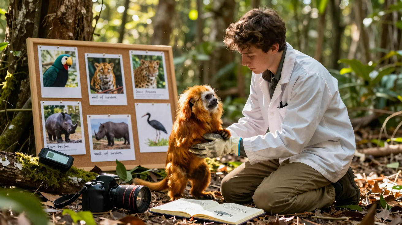 Pesquisador com jaleco branco segura macaco dourado em floresta com fotos e livro sobre animais ao lado.