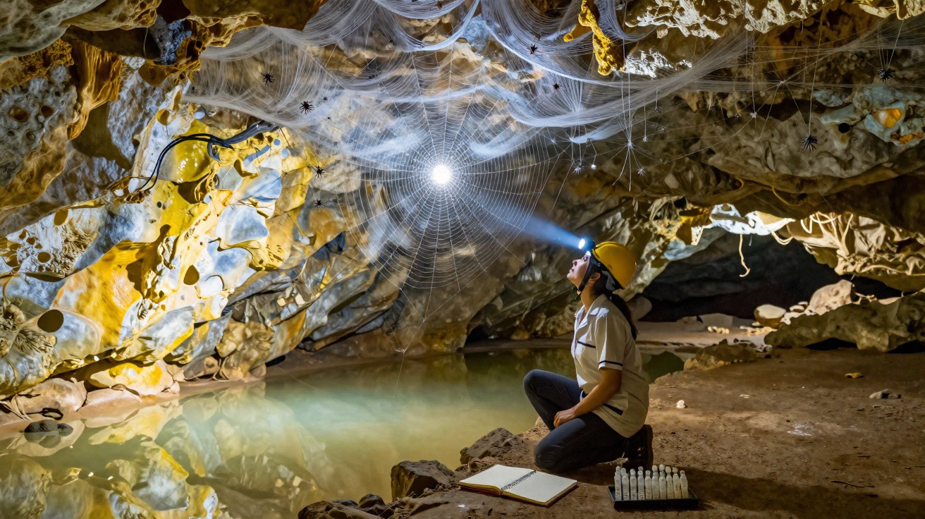 Explorador em caverna iluminando uma grande teia de aranha acima da água parada dentro da caverna.