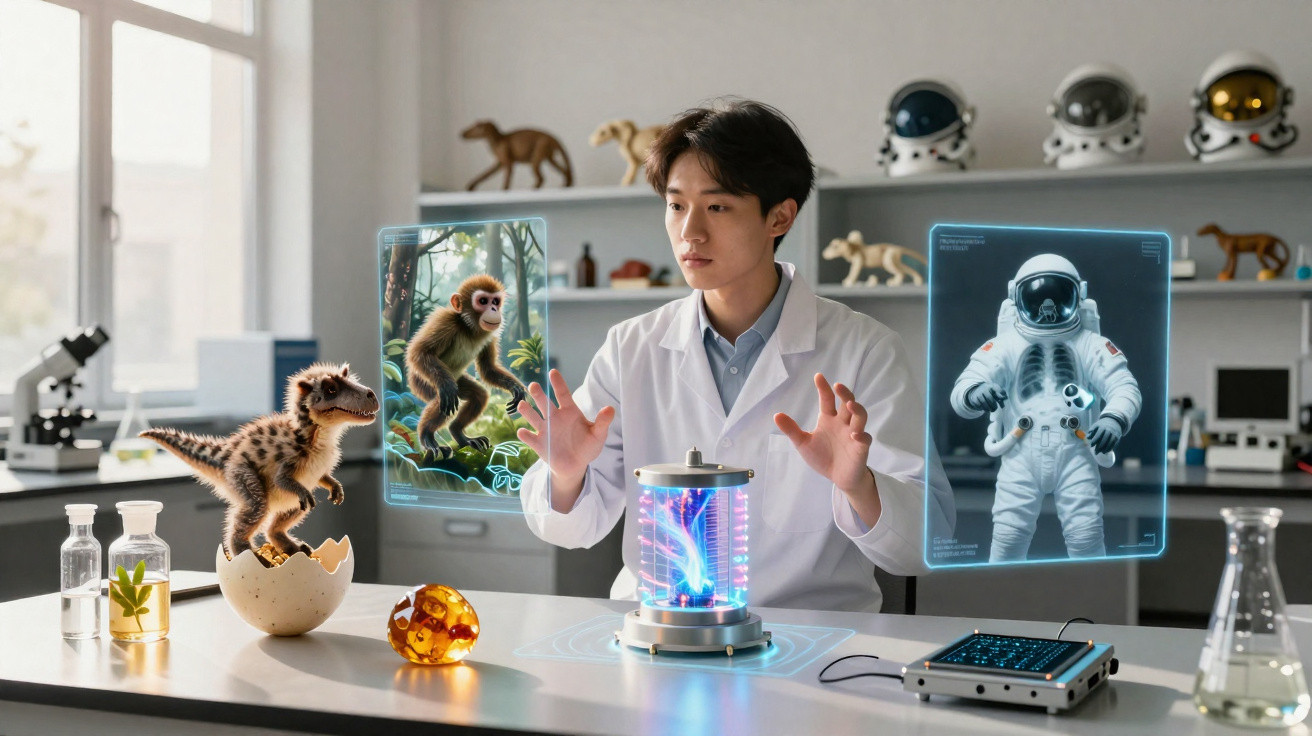 Cientista em laboratório interage com hologramas de dinossauro, macaco e astronauta sobre mesa com equipamentos.