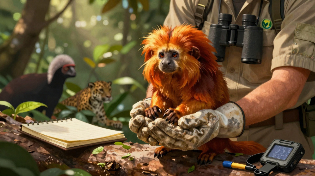 Biólogo segurando um macaco-de-cara-dourada em floresta, com caderno e equipamentos sobre tronco.