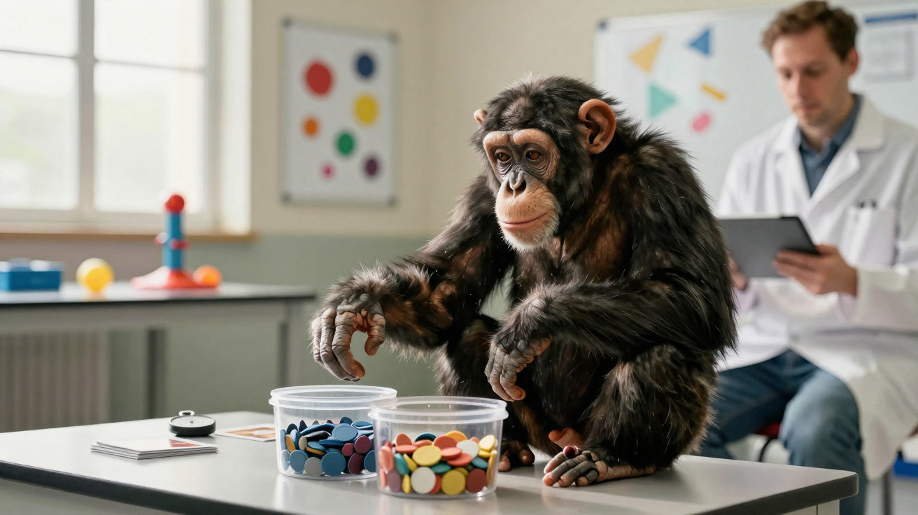 Chimpanzé manipulando fichas coloridas em mesa enquanto homem observa e anota dados ao fundo.
