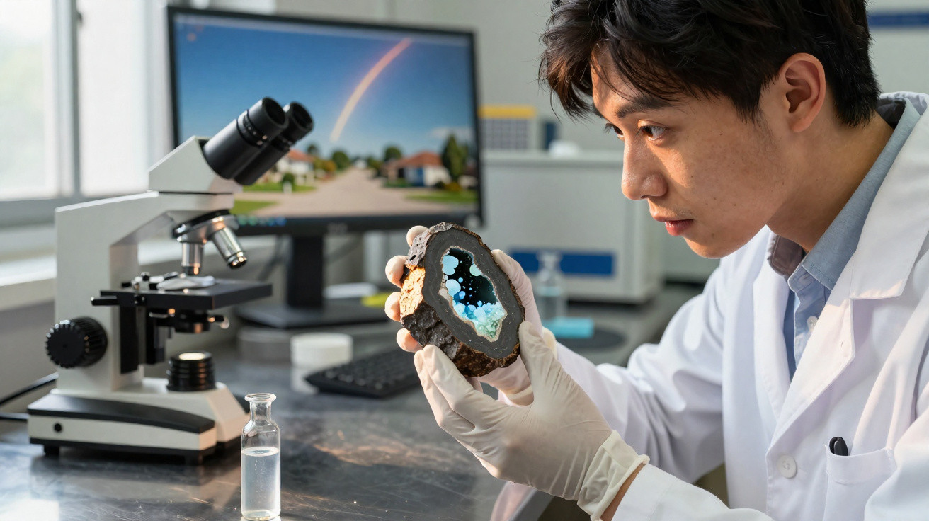 Cientista em laboratório observa detalhe interno de geodo azul usando luvas e jaleco branco.