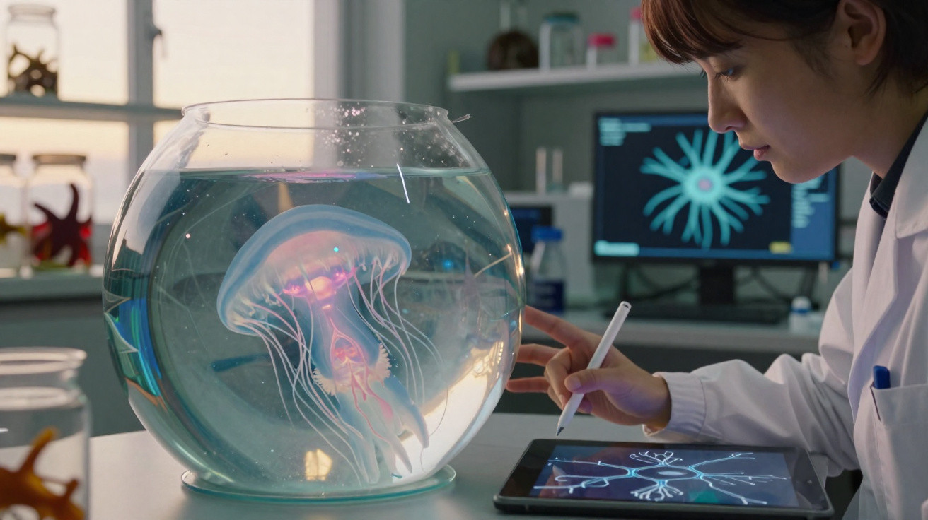 Cientista observa uma água-viva holográfica em aquário enquanto analisa dados em tablet no laboratório.