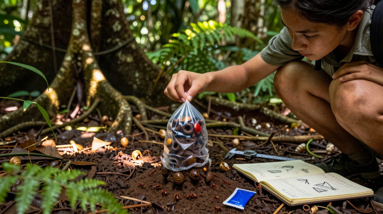Pesquisadora coleta sementes em floresta tropical com caderno de anotações aberto ao lado.