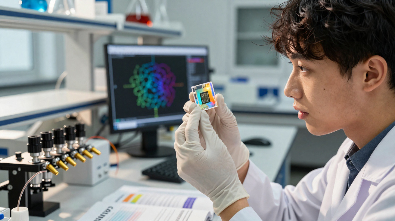 Cientista asiático em laboratório segurando chip transparente, com computador e equipamentos ao fundo.