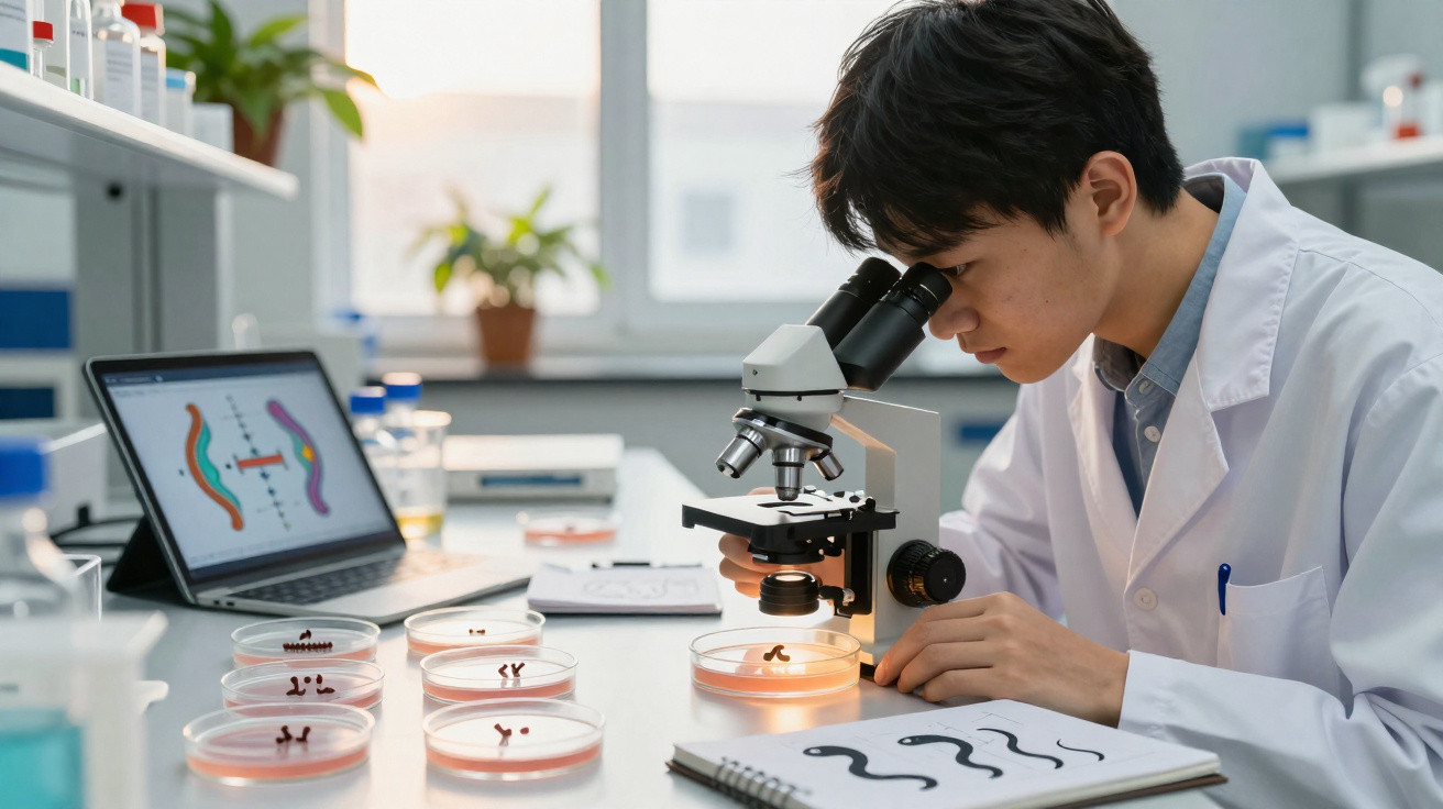 Cientista examina amostras em placas de Petri com microscópio em laboratório moderno e iluminado.